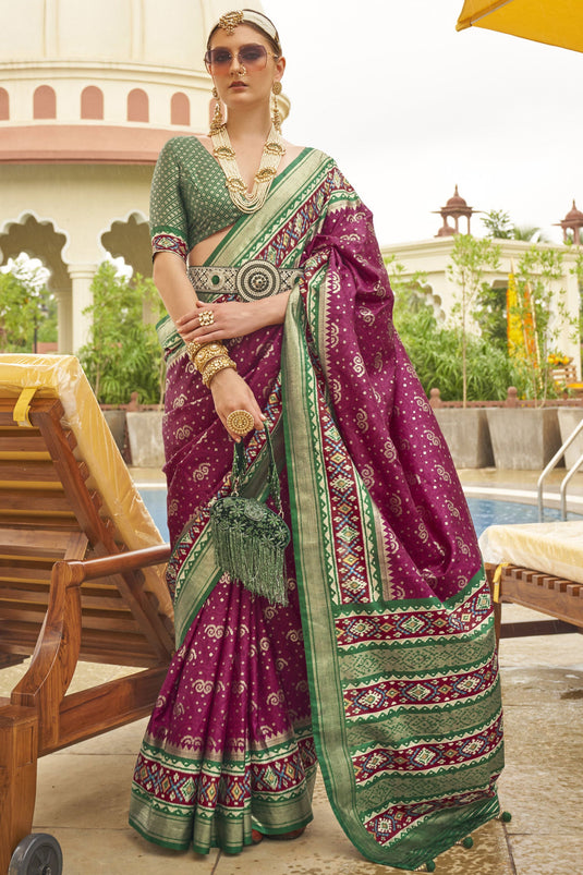 Purple Color Printed Patola Silk Fabric Function Wear Saree