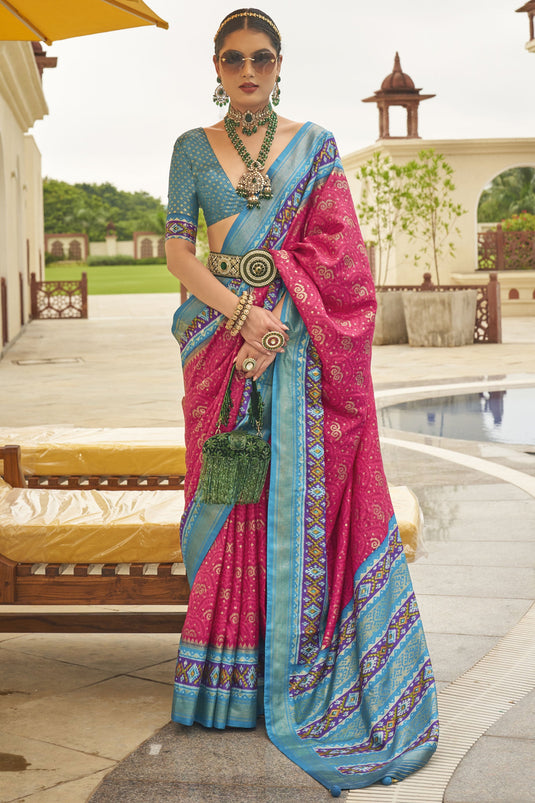 Pink Color Function Wear Designer Patola Silk Fabric Printed Saree