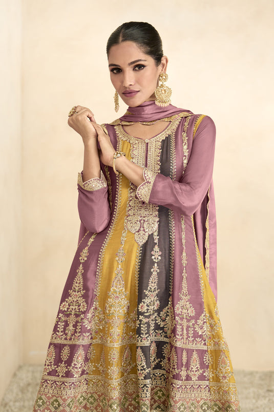 Pink Color Embroidered Readymade Designer Pakistani Style Palazzo Salwar Suit In Chinon Fabric