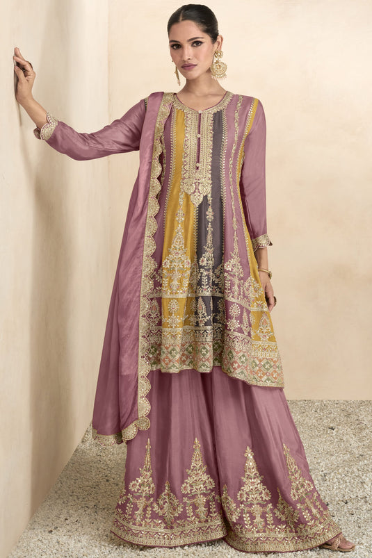 Pink Color Embroidered Readymade Designer Pakistani Style Palazzo Salwar Suit In Chinon Fabric