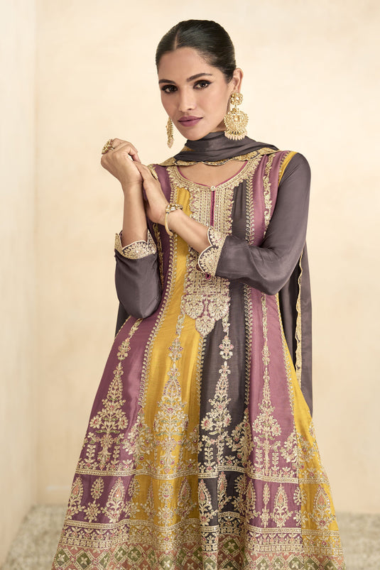 Embroidered Brown Color Readymade Designer Pakistani Style Palazzo Salwar Suit In Chinon Fabric