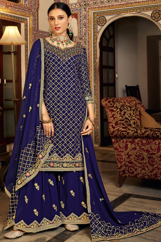 Chinon Fabric Embroidered Function Wear Palazzo Salwar Suit In Blue Color