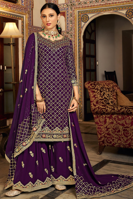 Party Wear Purple Color Embroidered Palazzo Salwar Suit In Chinon Fabric