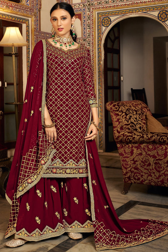 Maroon Color Wedding Wear Embroidered Palazzo Salwar Suit In Chinon Fabric