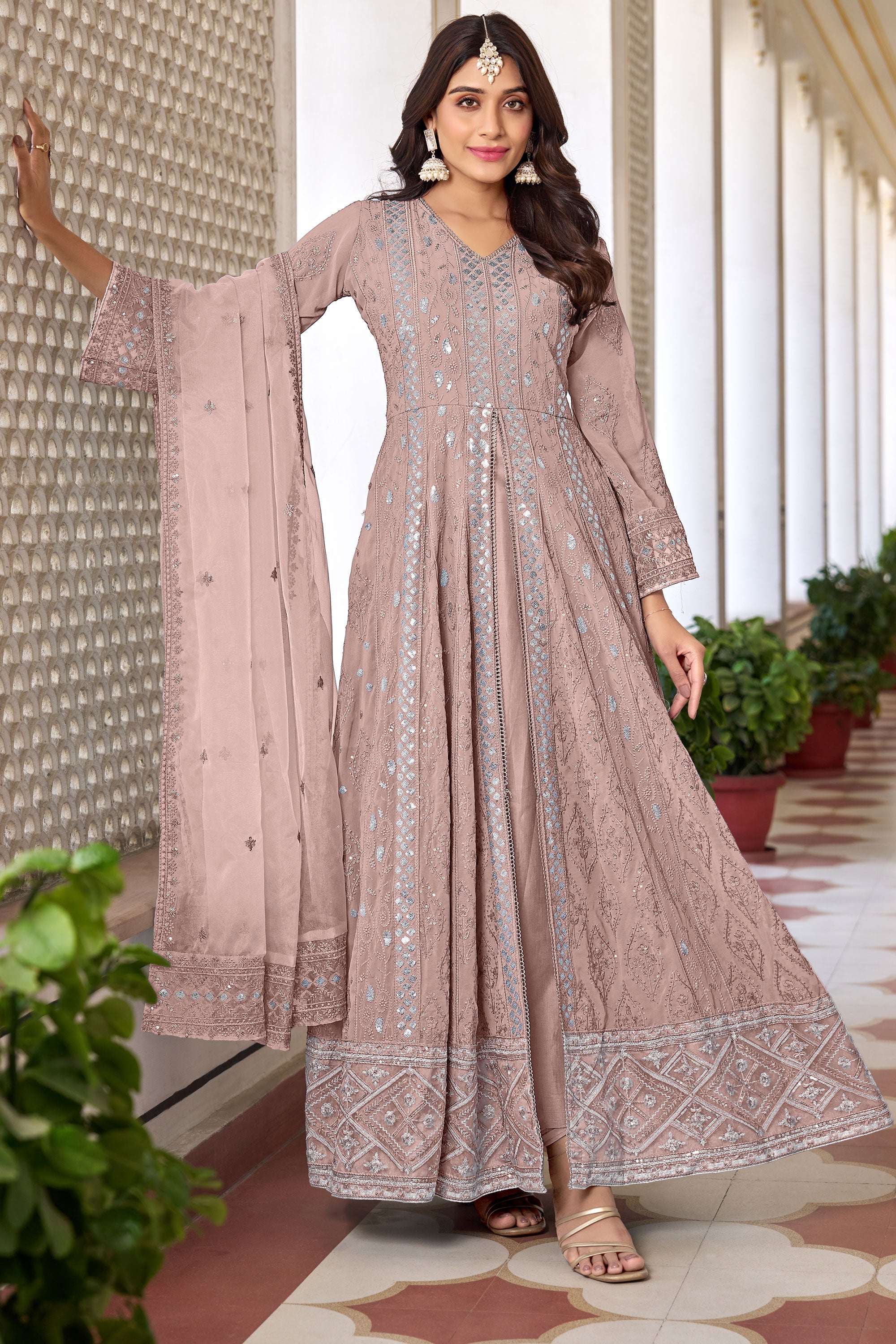 Peach Georgette Anarkali Salwar Suit In Embroidery Work – Sarees