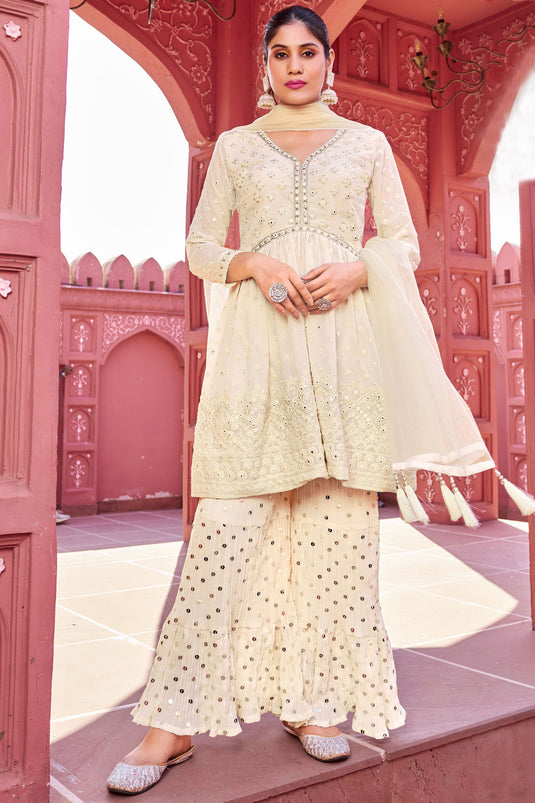 Beige Color Georgette Function Wear Phenomenal Readymade Palazzo Suit