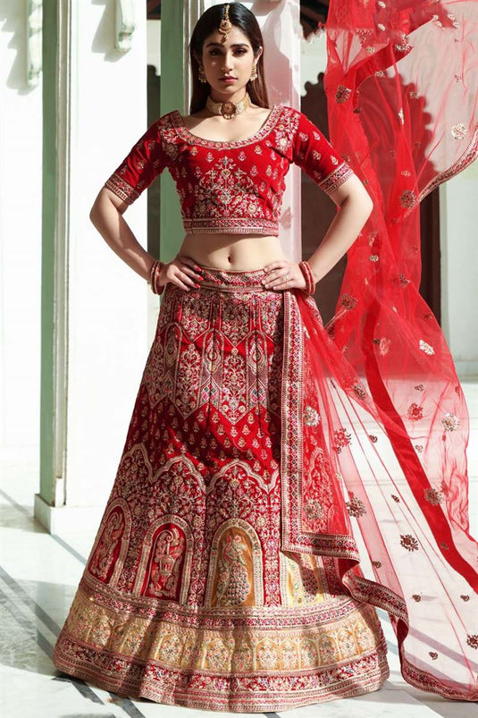 Red Color Wedding Wear Embroidered Work Vivacious Lehenga In Velvet Fabric