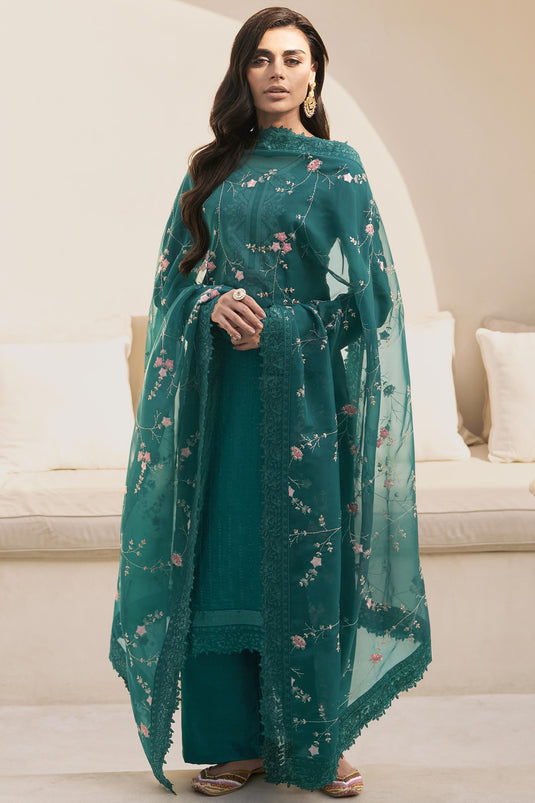 Art Silk Fabric Teal Color Embroidered Function Wear Palazzo Salwar Suit