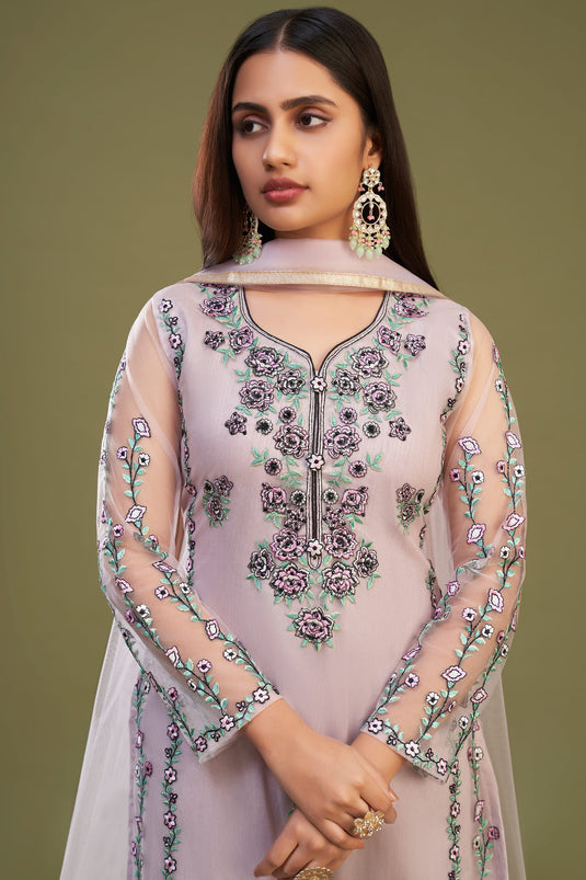 Pink Color Embroidered Designer Straight Cut Suit In Net Fabric