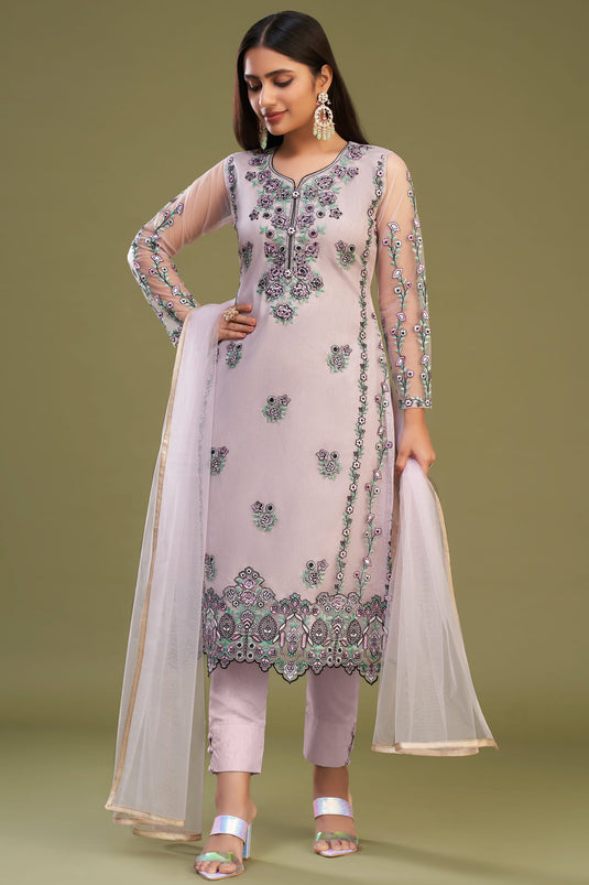 Pink Color Embroidered Designer Straight Cut Suit In Net Fabric