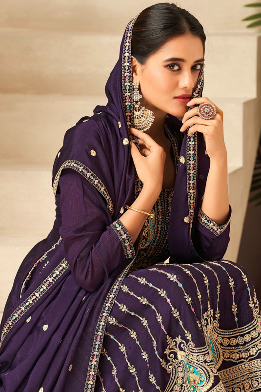 Purple Color Readymade Engrossing Salwar Suit In Chinon Fabric