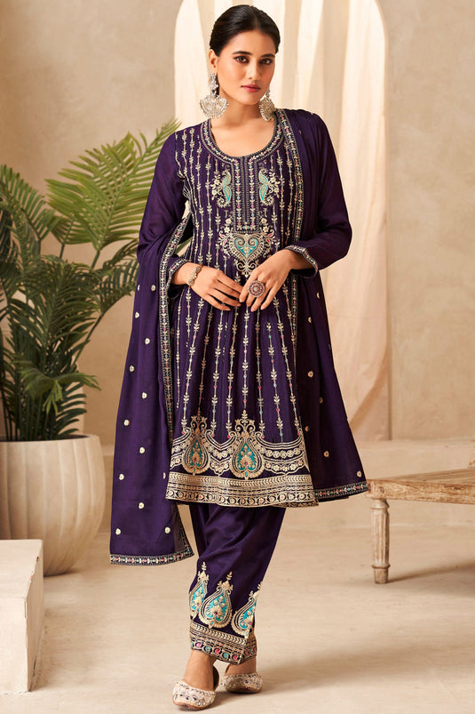 Purple Color Readymade Engrossing Salwar Suit In Chinon Fabric