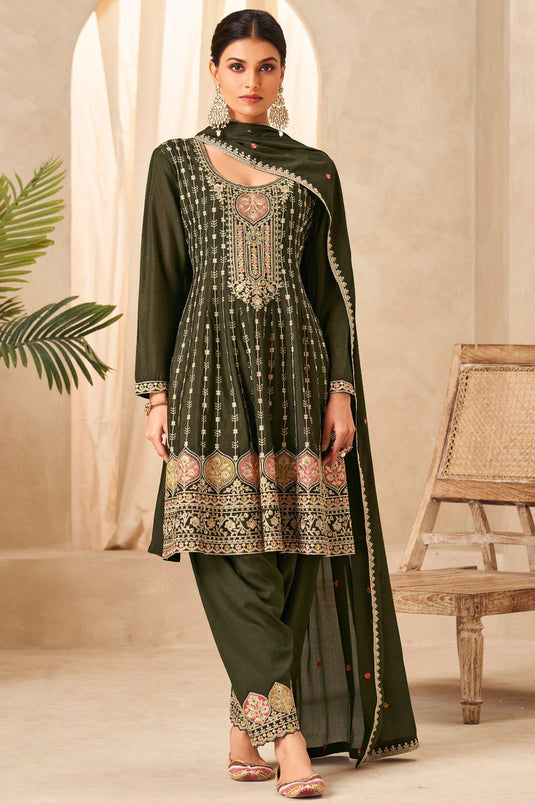 Riveting Readymade Chinon Fabric Salwar Suit In Mehendi Green Color