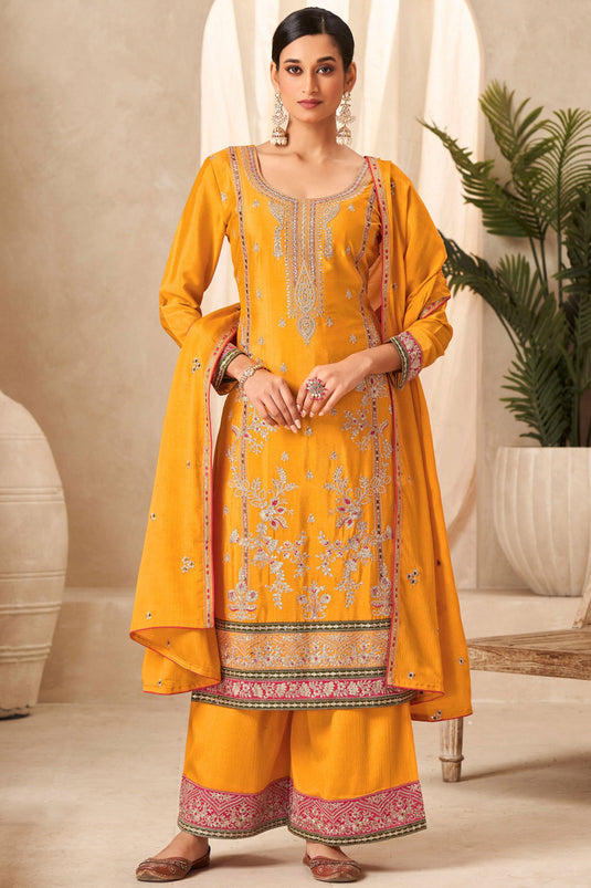 Chinon Fabric Yellow Color Engaging Readymade Palazzo Suit