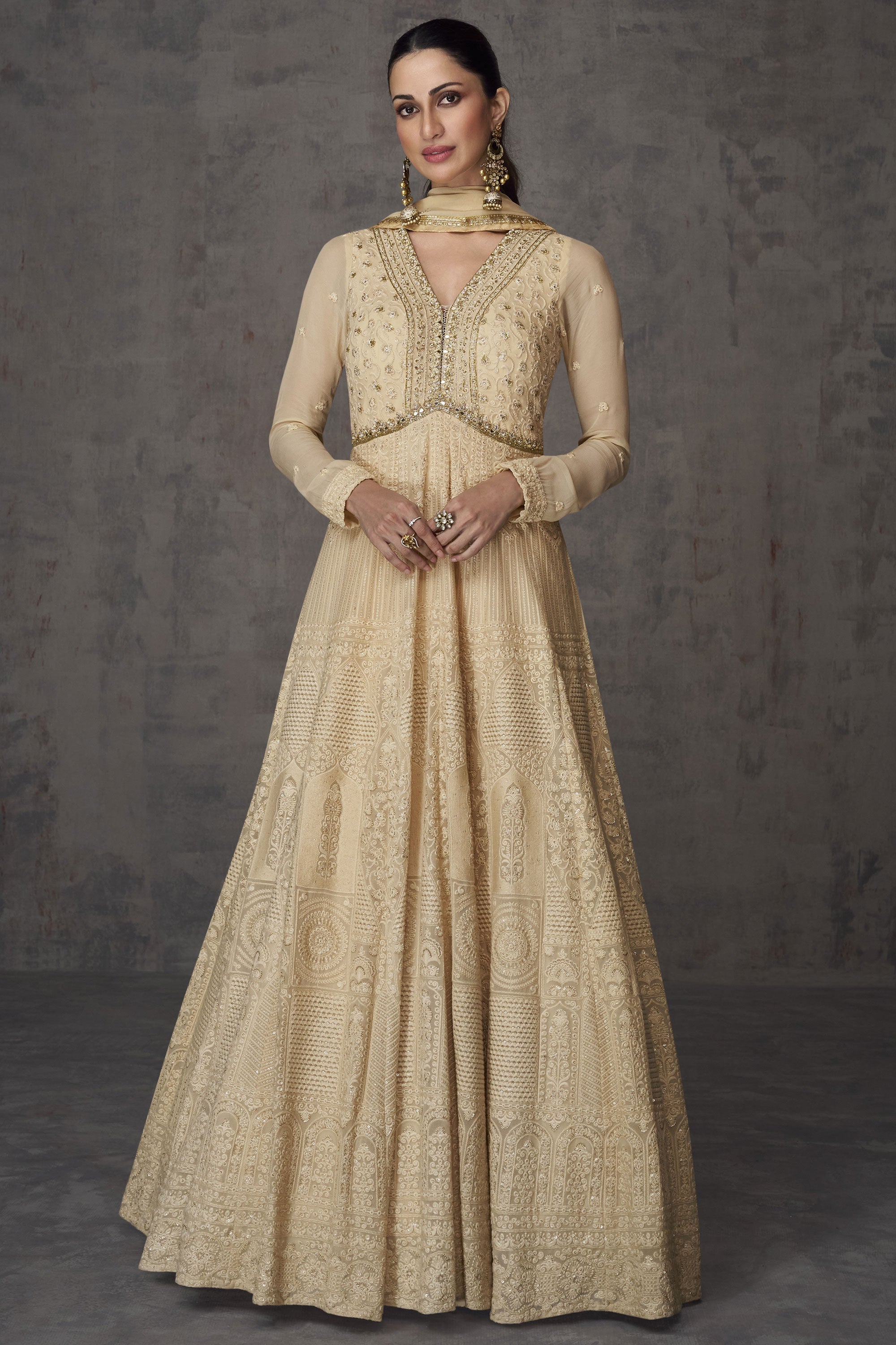 white christmas dresses Georgette Fabric Embroidered Readymade Anarkali Style Long Gown With D –  Sarees Bazaar