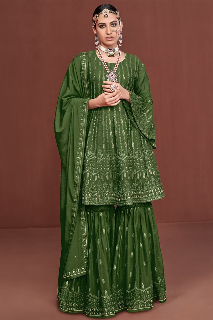 Green Color Chinon Fabric Party Wear Febulous Readymade Sharara Suit W –  Sarees Bazaar