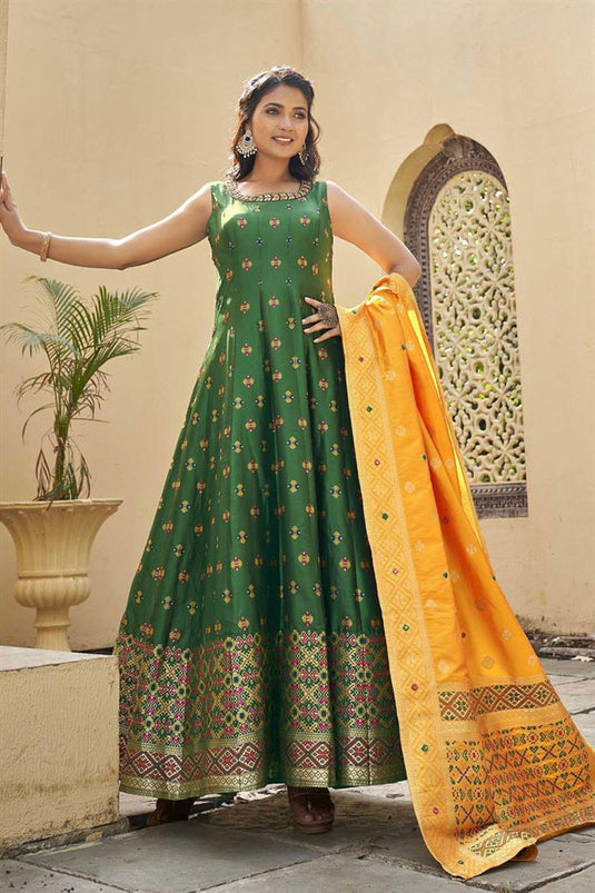 Green Color Art Silk Fabric Festival Wear Amazing Gown With Dupatta
