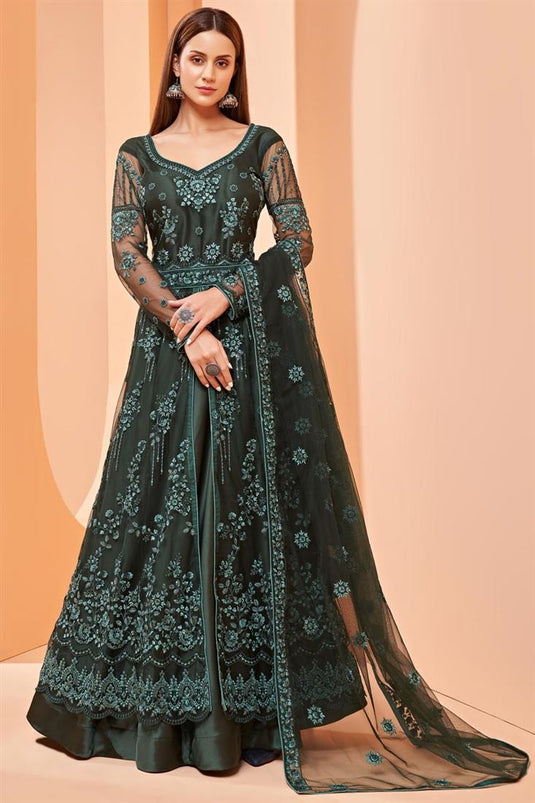 Dark Green Color Embroidered Function Wear Net Fabric Designer Anarkali Suit