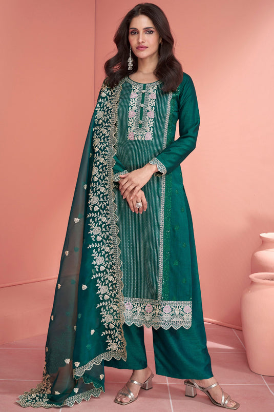 Art Silk Fabric Teal Color Fantastic Function Wear Palazzo Suit