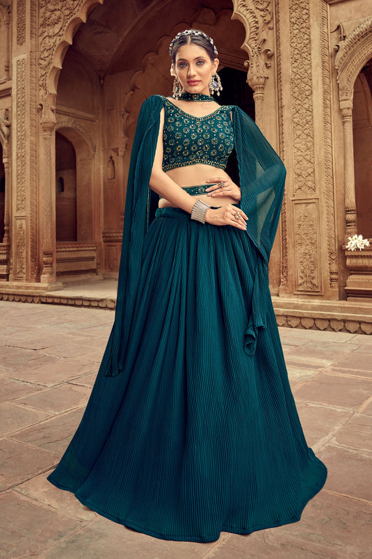 Georgette Fabric Teal Color Fantastic Function Style Readymade Lehenga