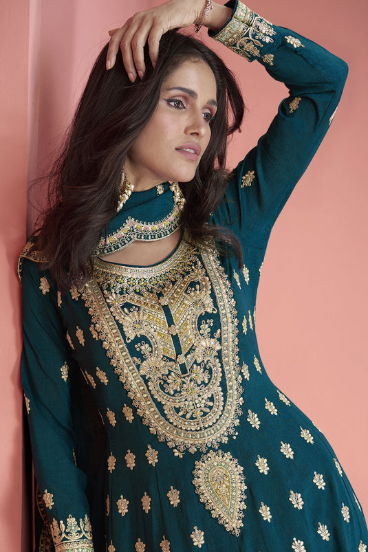 Teal Color Sangeet Wear Embroidered Readymade Palazzo Salwar Suit In Art Silk Fabric