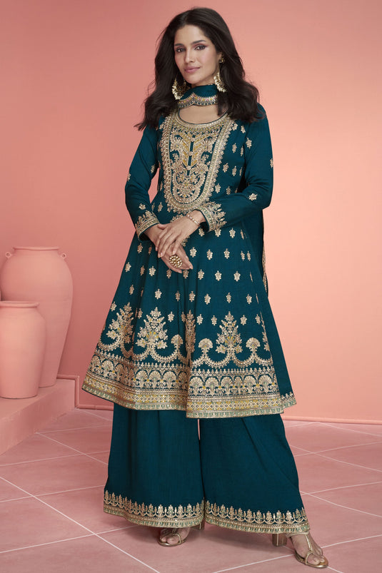 Teal Color Sangeet Wear Embroidered Readymade Palazzo Salwar Suit In Art Silk Fabric