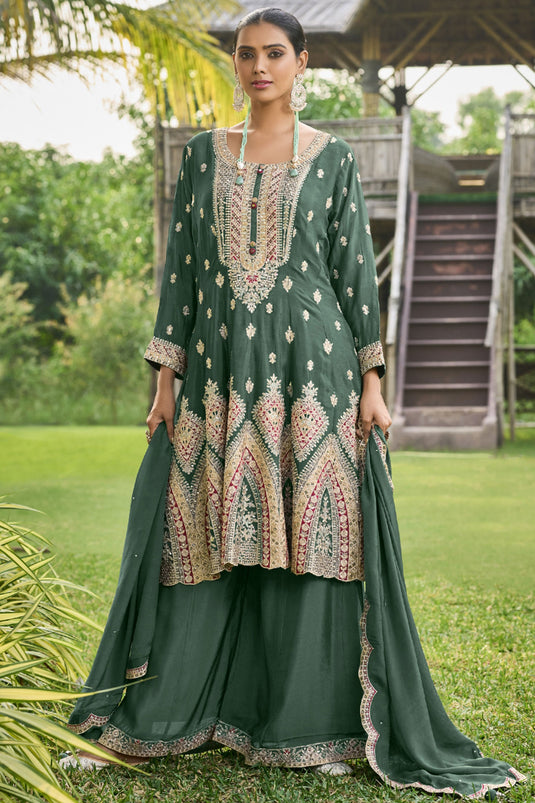 Chinon Fabric Green Color Beatific Readymade Palazzo Suit