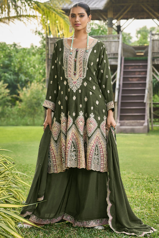 Chinon Fabric Captivating Mehendi Green Color Readymade Palazzo Suit