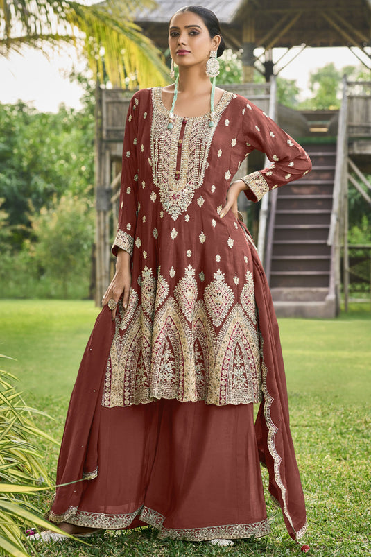 Brown Color Chinon Fabric Glamorous Readymade Palazzo Suit