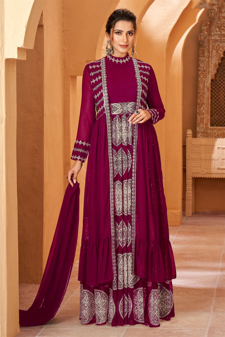 Burgundy Color Georgette Fabric Admirable Gown With Shrug In Party