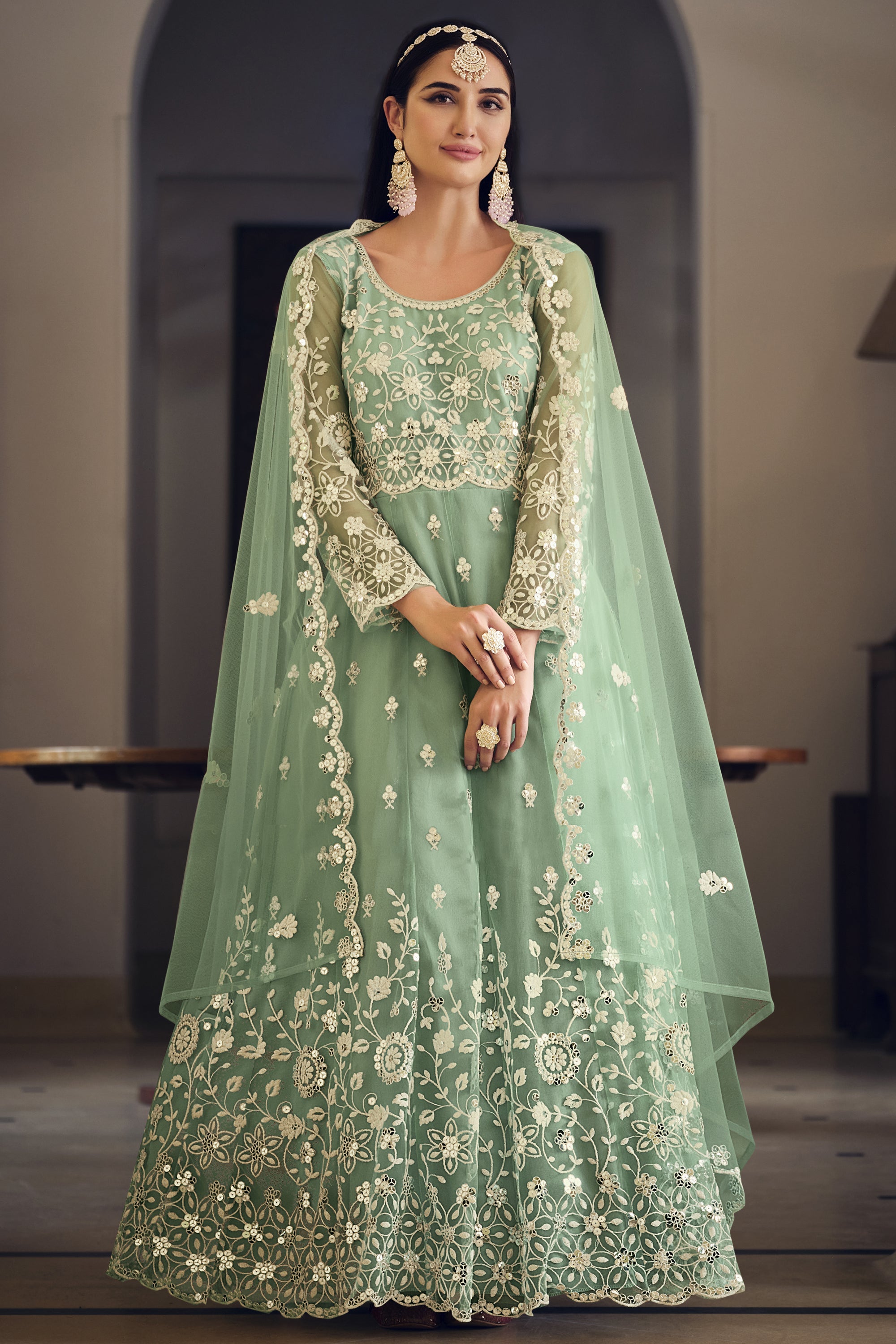 Festive Wear Embroidered Sea Green Color Long Anarkali Salwar Kameez I 