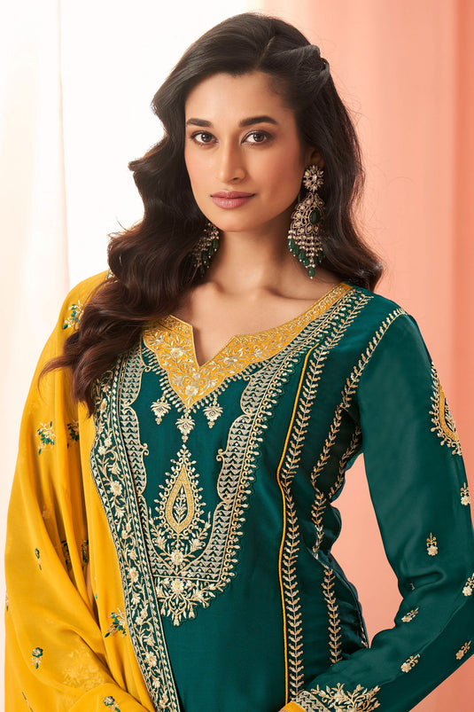 Teal Color Embroidered Readymade Palazzo Salwar Suit In Art Silk Fabric