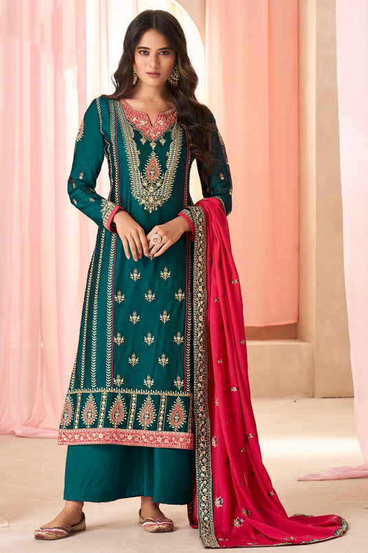 Beautiful Teal Color Embroidered Art Silk Fabric Sangeet Wear Readymade Palazzo Suit