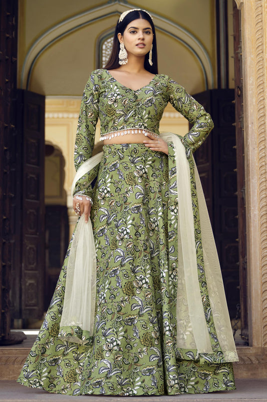 Art Silk Printed Wedding Wear Lehenga Choli In Green Color