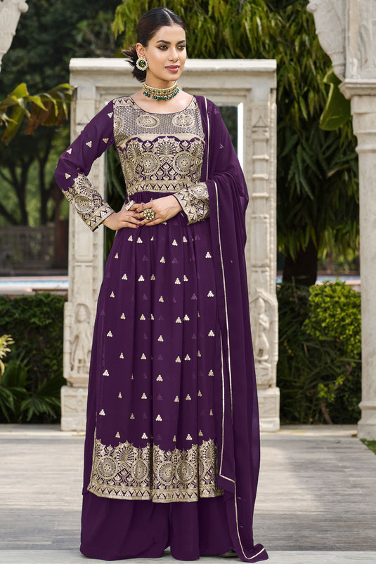 Purple Color Sequence Work Readymade Palazzo Salwar Suit In Georgette Fabric
