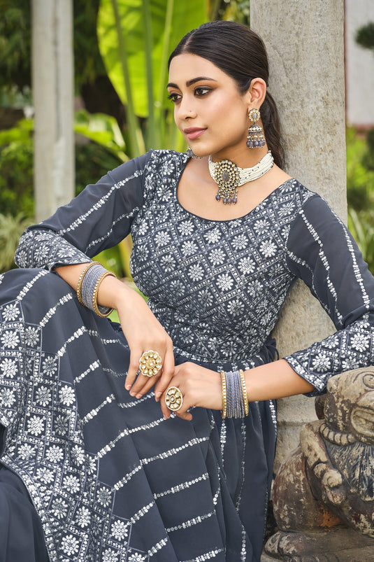 Sequence Work Grey Color Readymade Palazzo Salwar Suit In Georgette Fabric