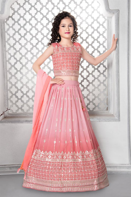 Peach Color Exquisite Georgette Embroidered Kids Lehenga Choli