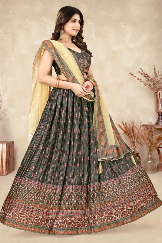 Function Wear Chinon Fabric Olive Color Digital Printed And Crushed Work Lehenga
