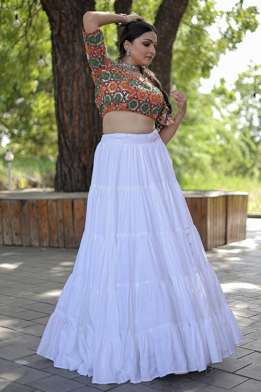 Tempting Rayon Fabric White Color Navratri Special Readymade Lehenga Choli With Embroidered Work