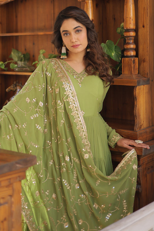 Georgette Fabric Green Color Embroidered Readymade Anarkali Style Long Gown With Dupatta