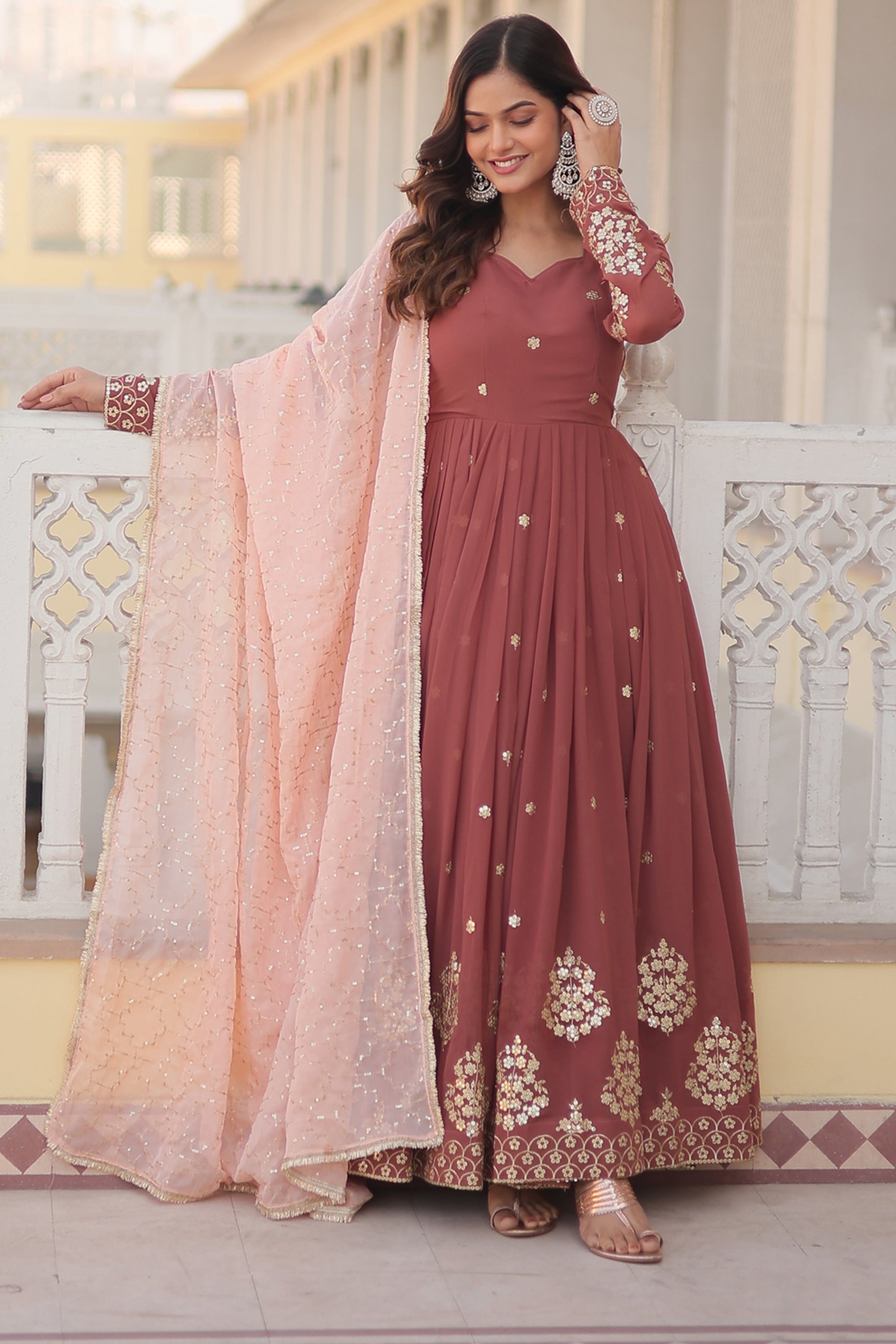 Georgette Fabric Light Brown Color Sequins Work Readymade Gown With Du