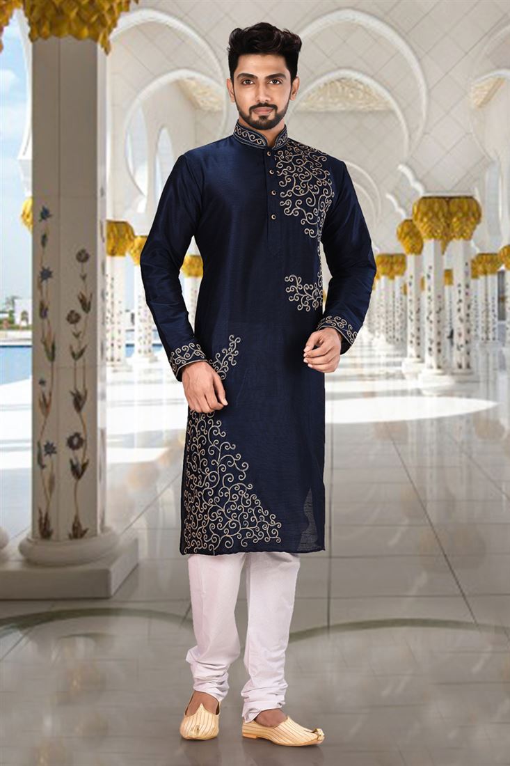 Navy Blue Trending Kurta Pajama For Men Art Silk Navy Blue Color