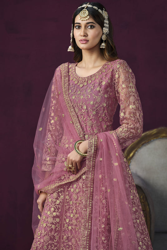 Pink Color Festive Wear Embroidered Fashionable Anarkali Salwar Suit In Net Fabric