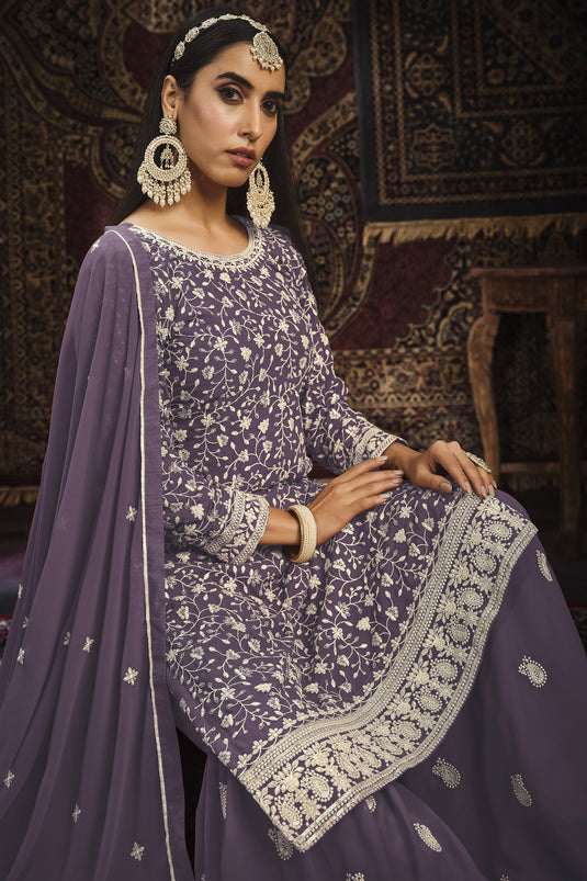 Lavender Color Embroidered Palazzo Salwar Kameez In Georgette Fabric