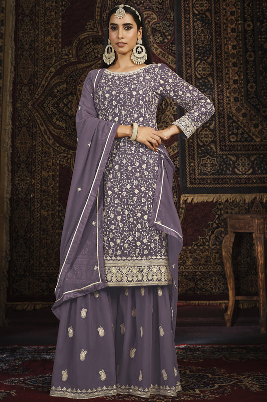 Lavender Color Embroidered Palazzo Salwar Kameez In Georgette Fabric