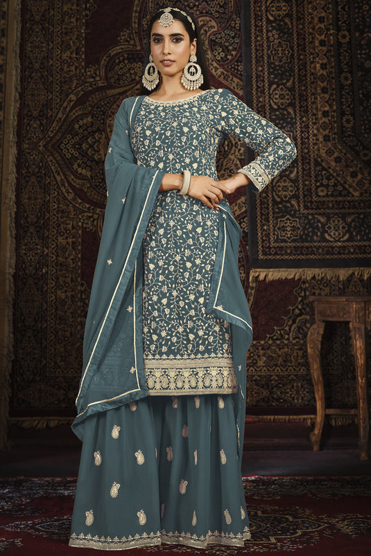 Party Wear Teal Color Palazzo Salwar Suit In Georgette Fabric