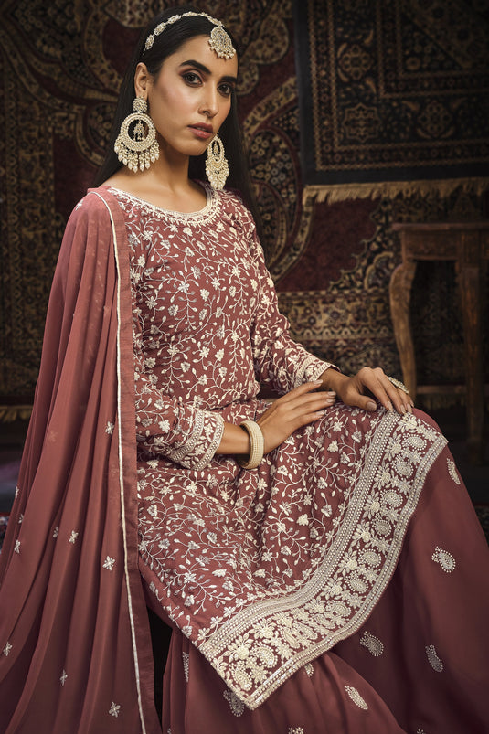 Embroidered Sangeet Wear Palazzo Salwar Kameez In Peach Color