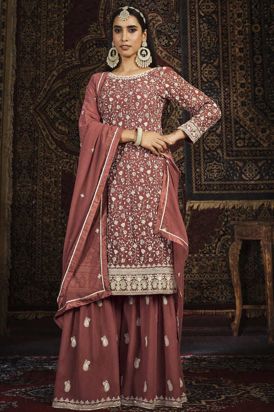 Embroidered Sangeet Wear Palazzo Salwar Kameez In Peach Color