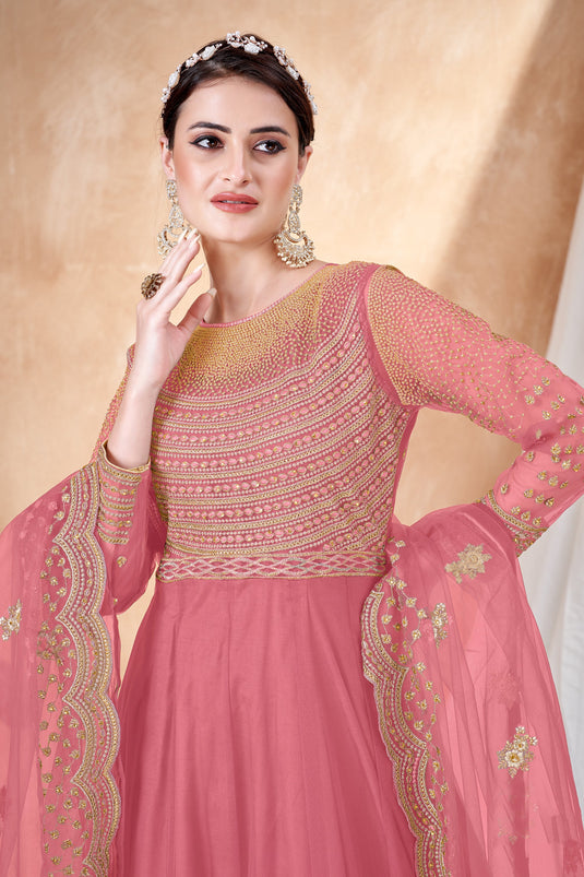 Net Fabric Embroidered Function Wear Anarkali Salwar Suit In Pink Color