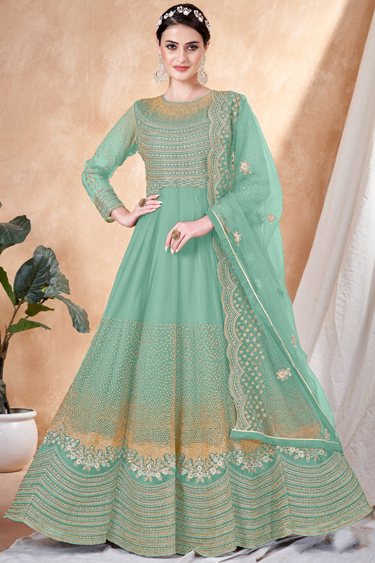 Party Wear Sea Green Color Embroidered Anarkali Salwar Suit